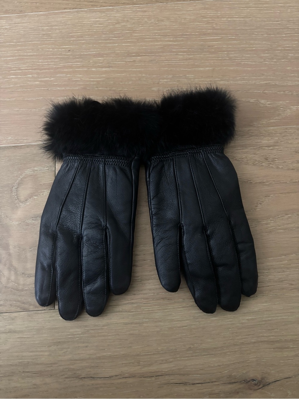 Black Leather Women's Gloves with Fur Cuff Sz M
